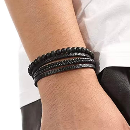 Layered Beaded Leather Bracelet For Men – Natural Stone Beads