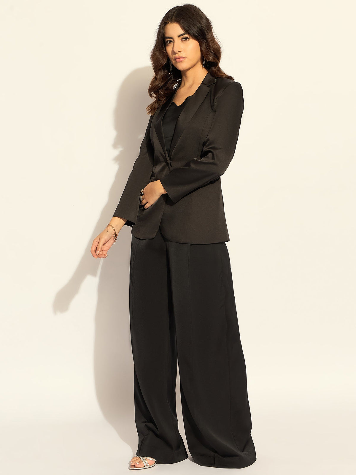 Women Black Three - Piece Satin Pantsuit