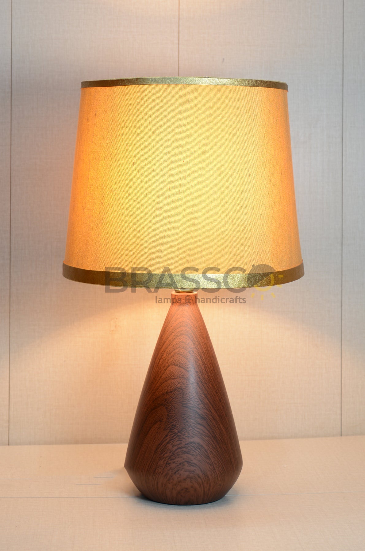 walnut Marble Cone-Shade Brass Metal Table Lamp